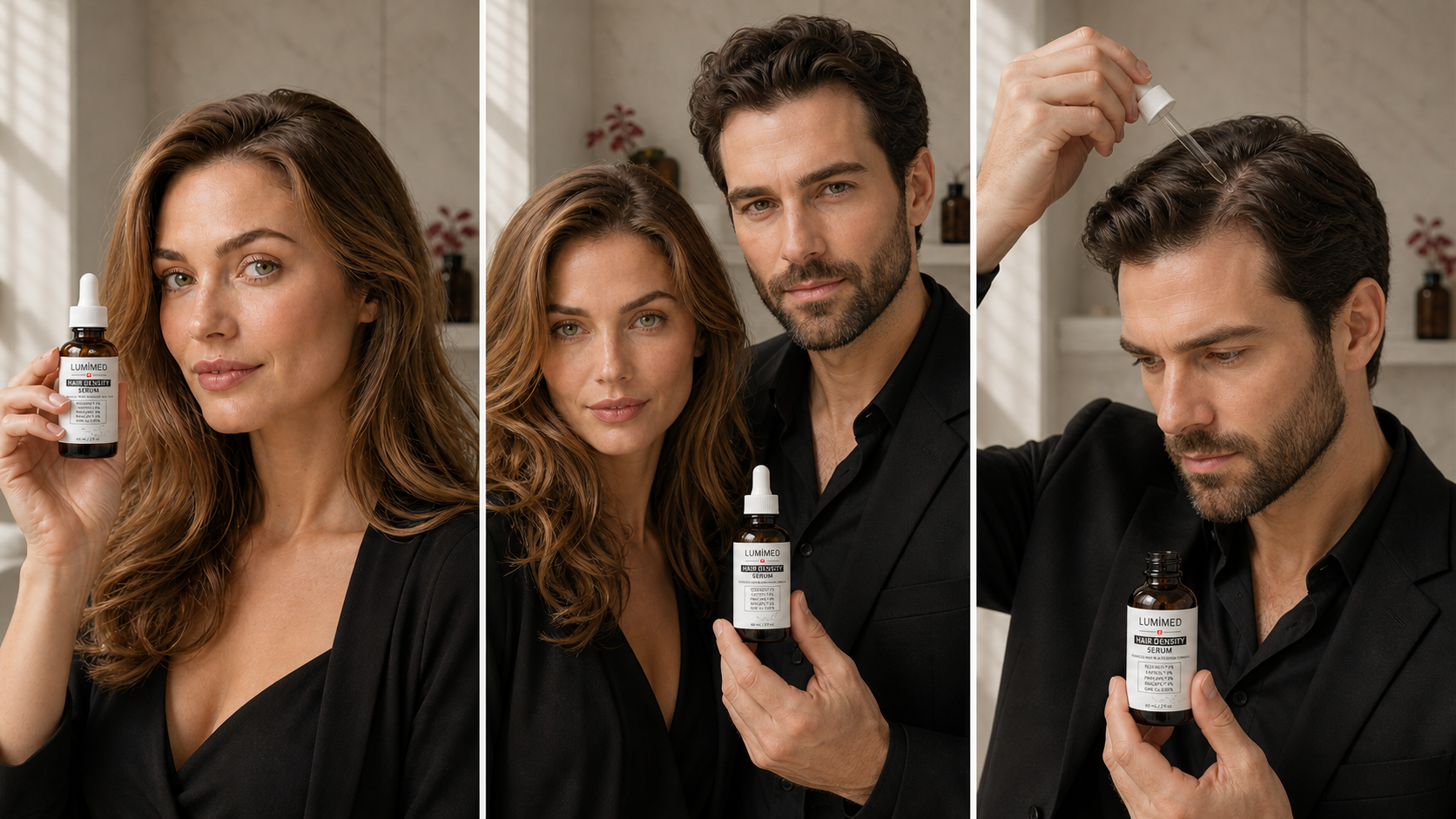 Woman and man holding and applying LUMIMED Hair Density Serum