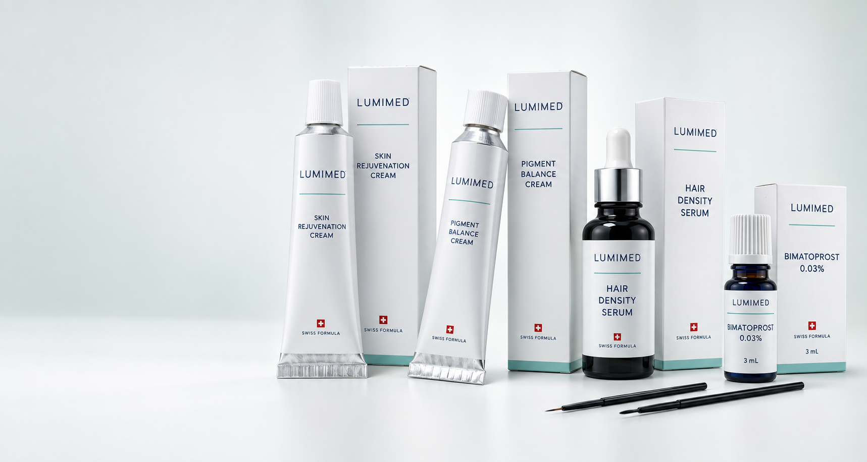 LUMIMED aluminum cream tubes, Hair Density Serum and Bimatoprost 0.03% lash solution